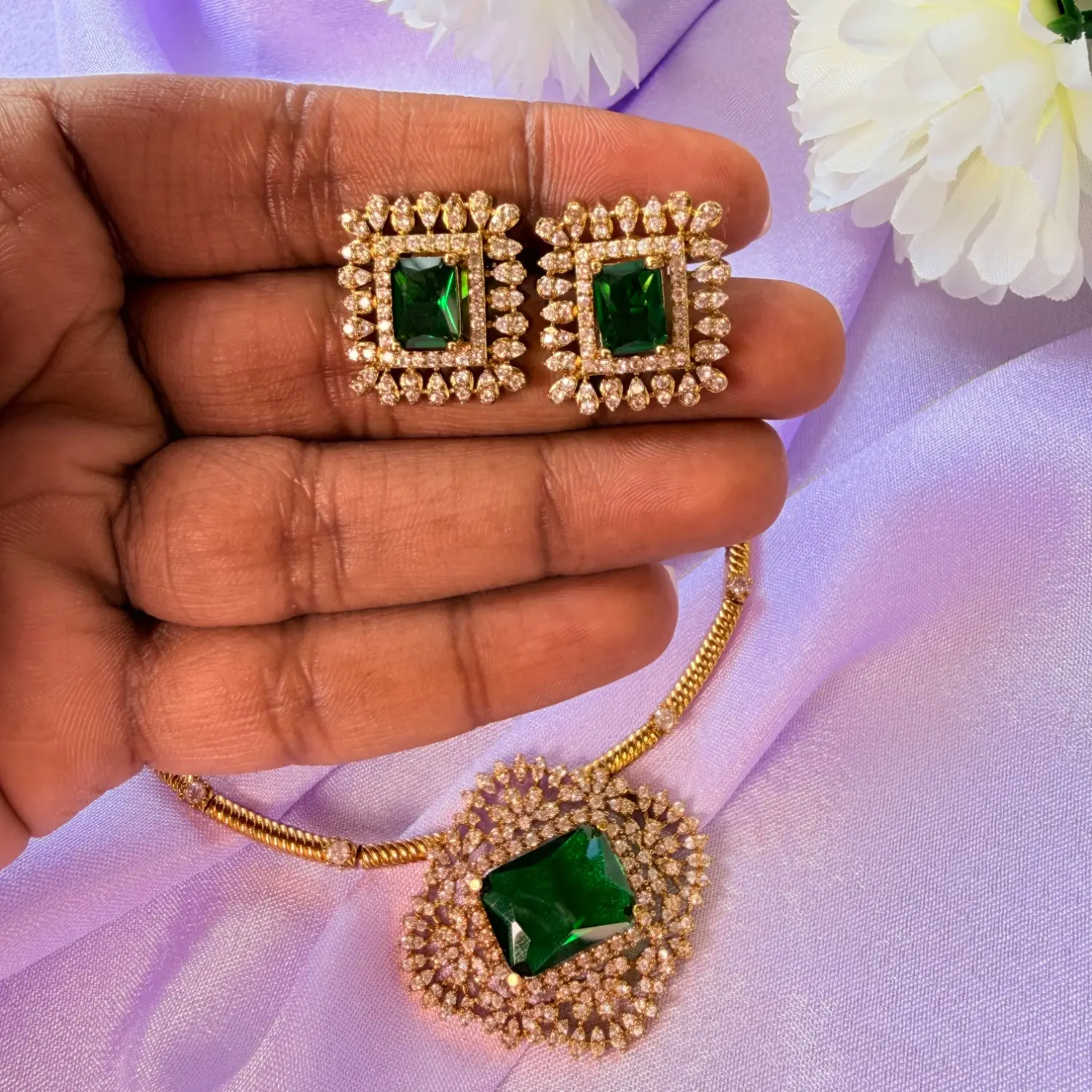 Royal Emerald Solitaire CZ Stone Gold-Plated Short Necklace Set