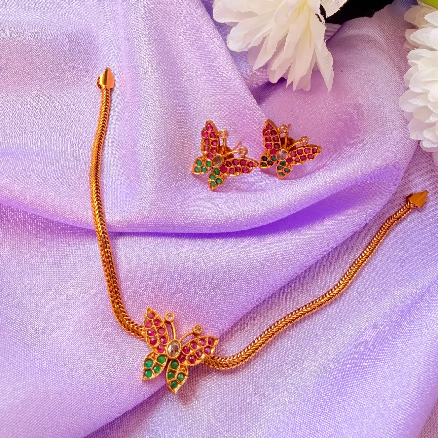 Butterfly Kemp Stone Gold-Plated Short Necklace Set