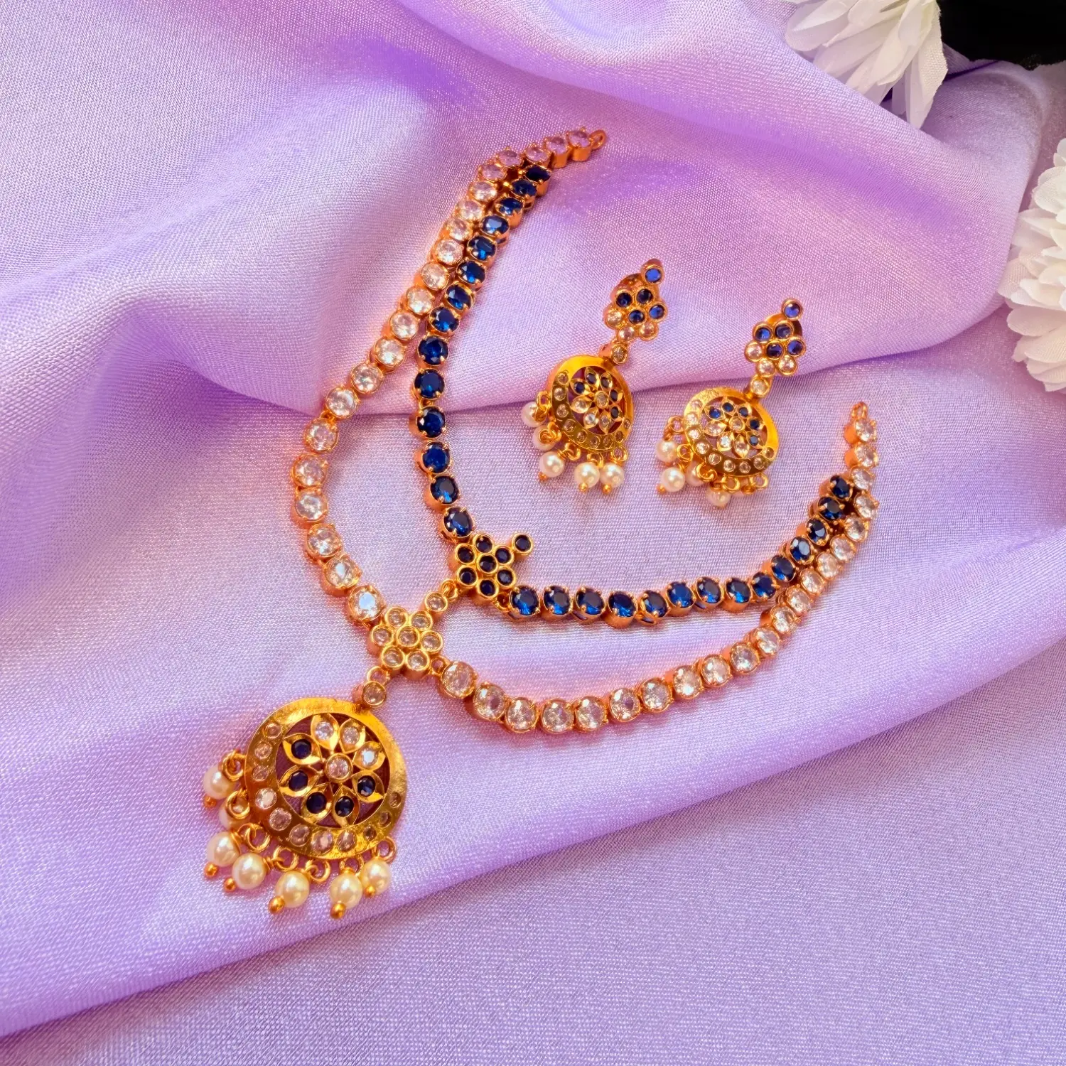 Royal Blue CZ Stone Layered Short Necklace Set