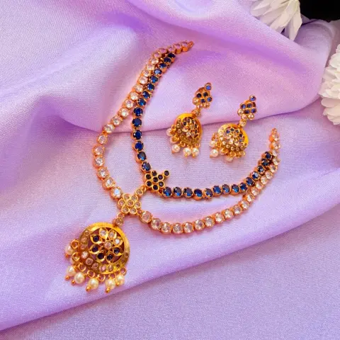 Royal Blue CZ Stone Layered Short Necklace Set