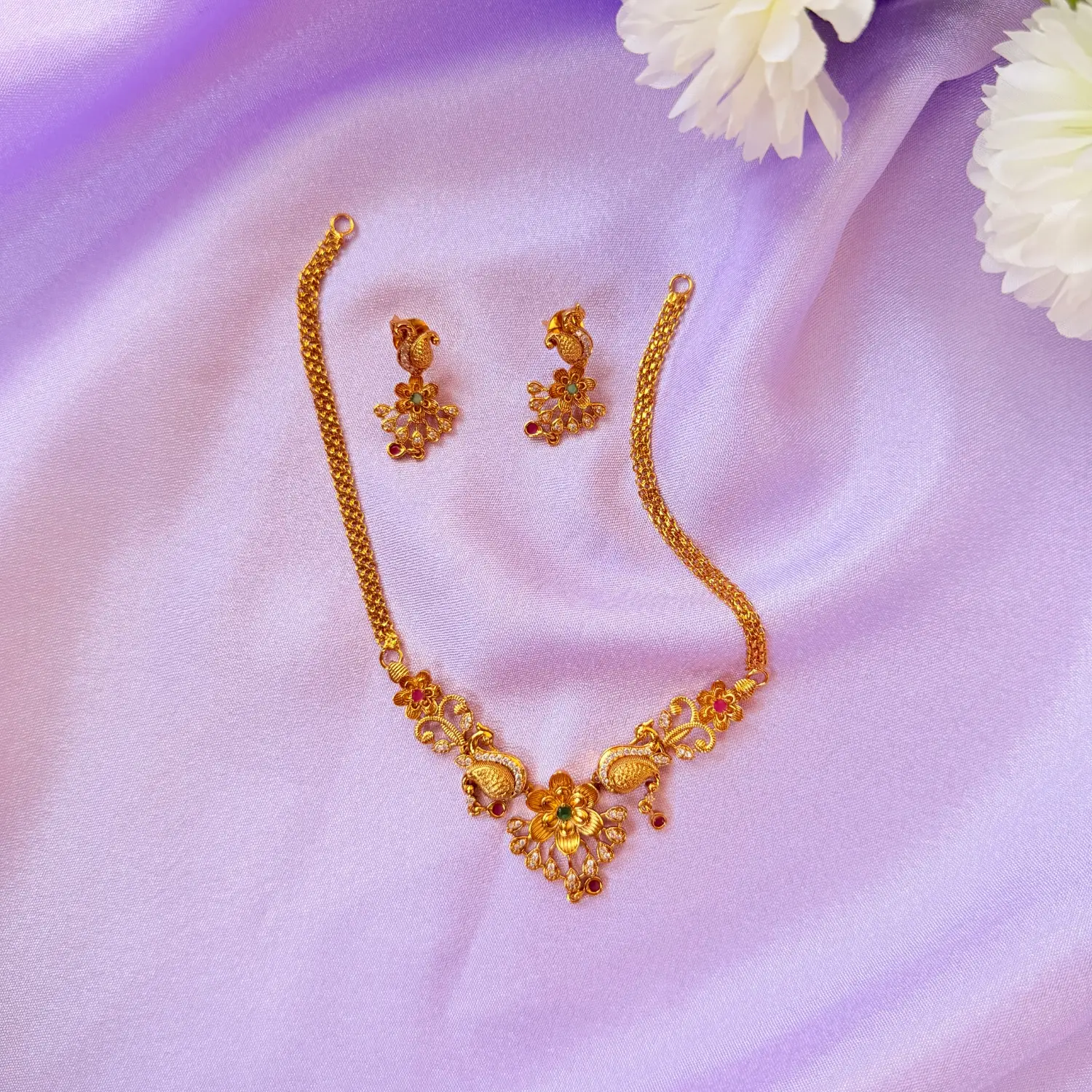 Peacock and Floral Kemp Stone Gold-Plated Short Necklace Set