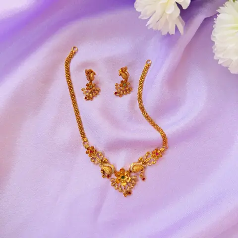 Peacock and Floral Kemp Stone Gold-Plated Short Necklace Set