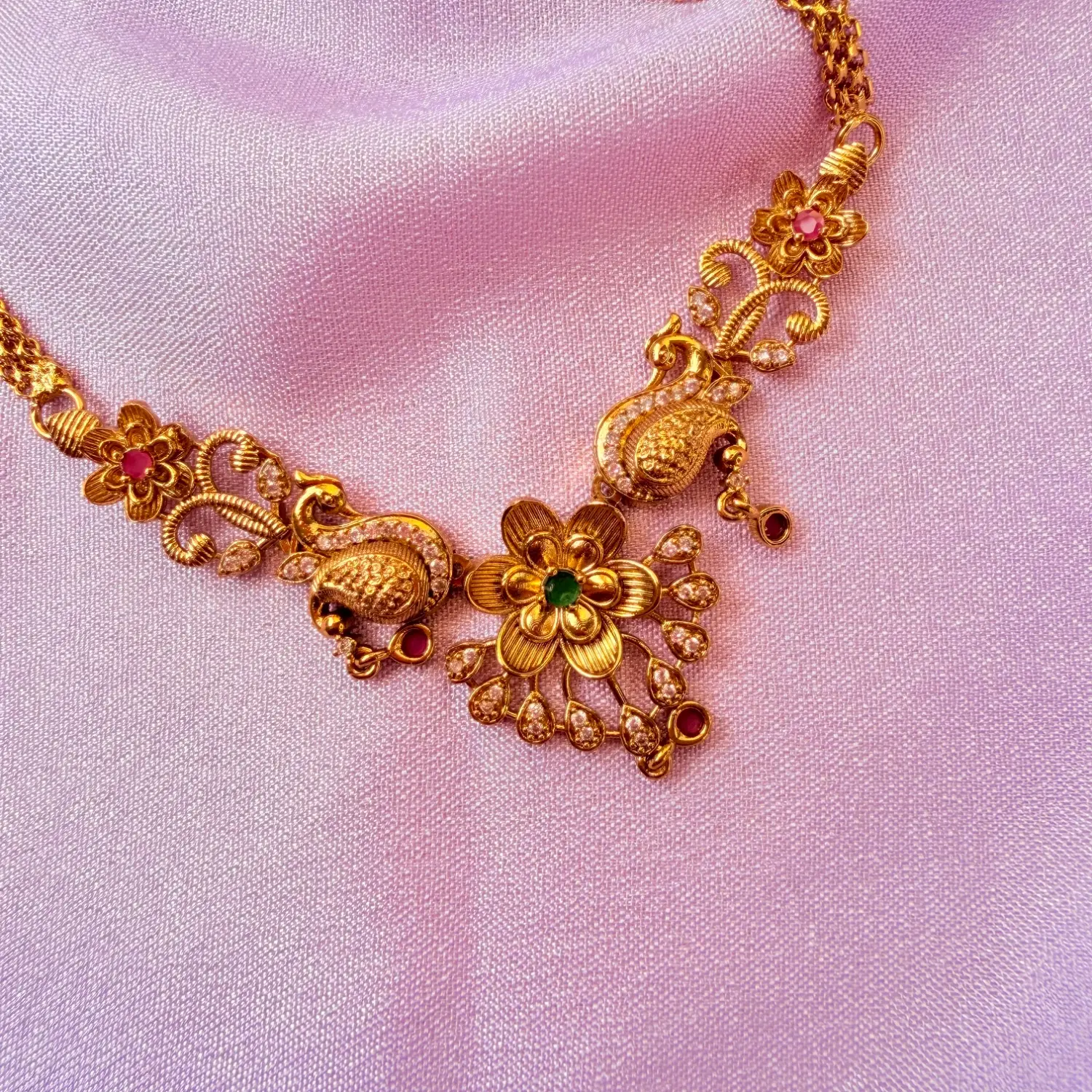 Peacock and Floral Kemp Stone Gold-Plated Short Necklace Set