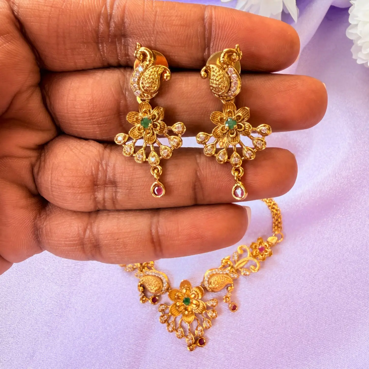 Peacock and Floral Kemp Stone Gold-Plated Short Necklace Set