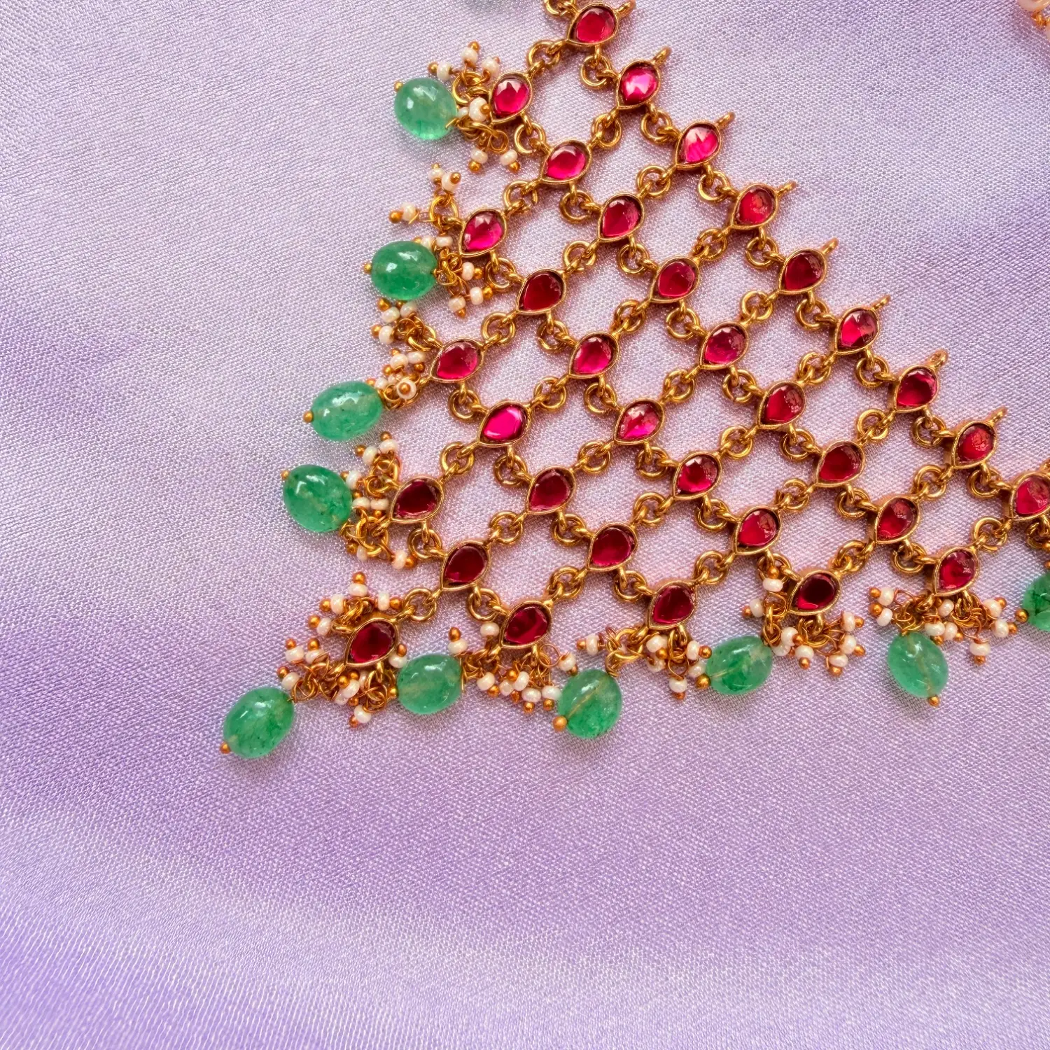 Royal Lattice Ruby and Emerald Kemp Stone Statement Choker Necklace