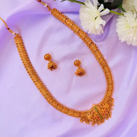 Traditional Long Temple Haram Kemp Stone Necklace Set