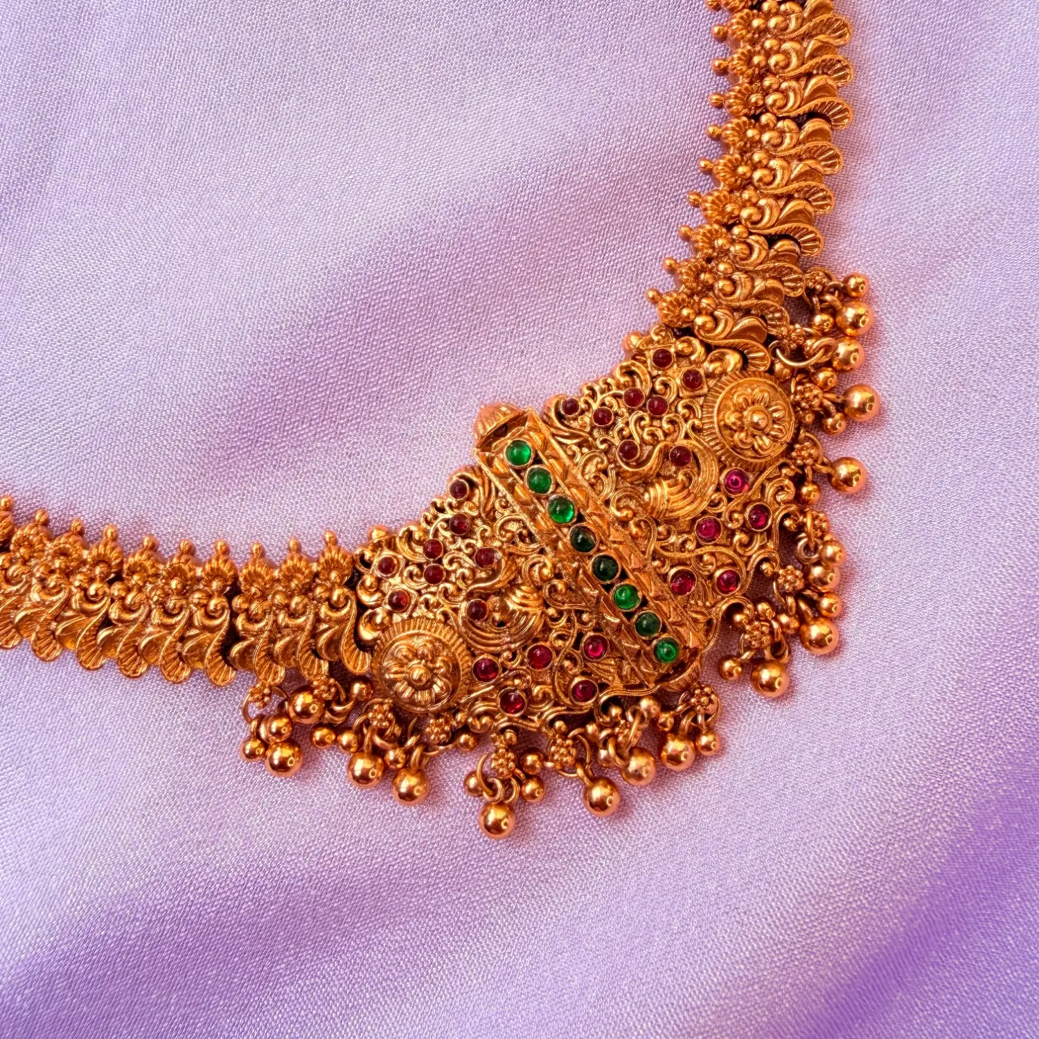 Traditional Long Temple Haram Kemp Stone Necklace Set