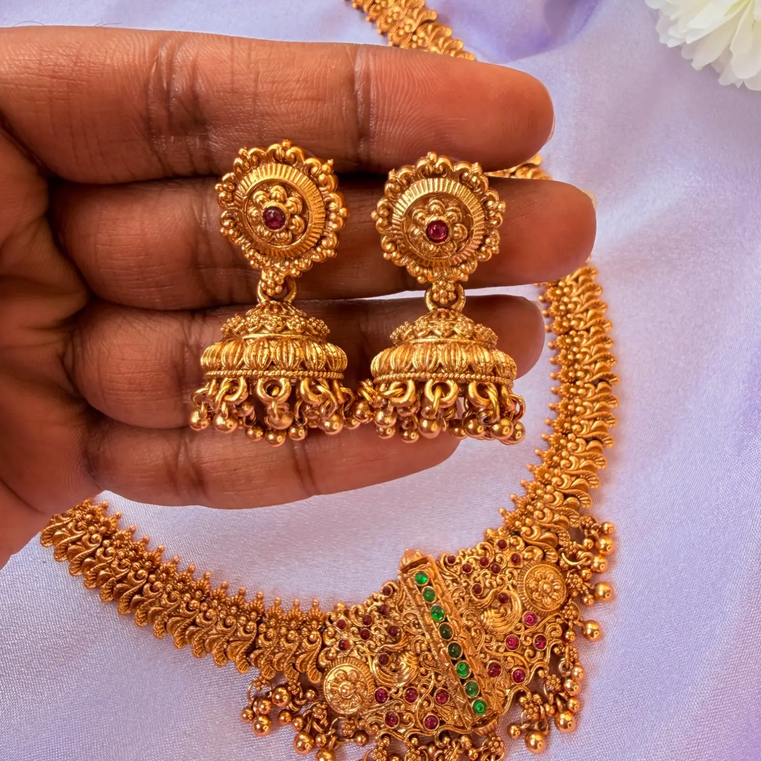 Traditional Long Temple Haram Kemp Stone Necklace Set