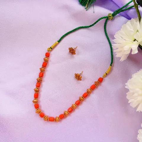 Traditional Coral and Gold Bead Short Necklace Set