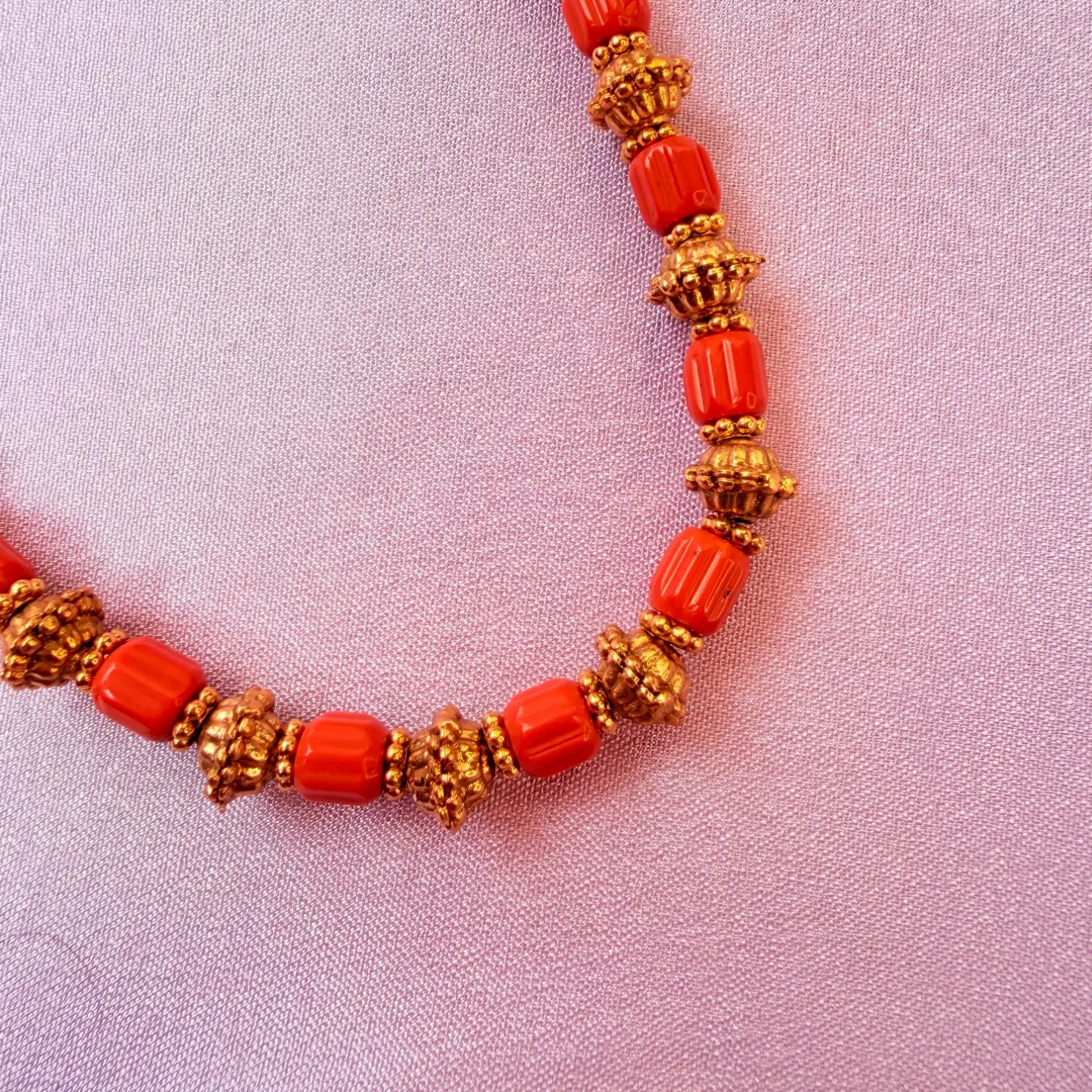 Traditional Coral and Gold Bead Short Necklace Set