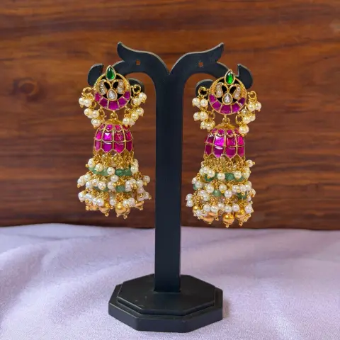 Royal Ruby and Emerald Kemp Stone Jhumka Earrings