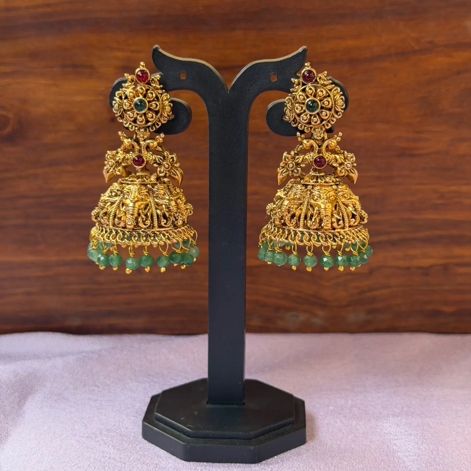 Temple Elephant and Peacock Motif Kemp Stone Jhumka Earrings