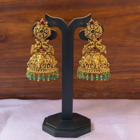Temple Elephant and Peacock Motif Kemp Stone Jhumka Earrings