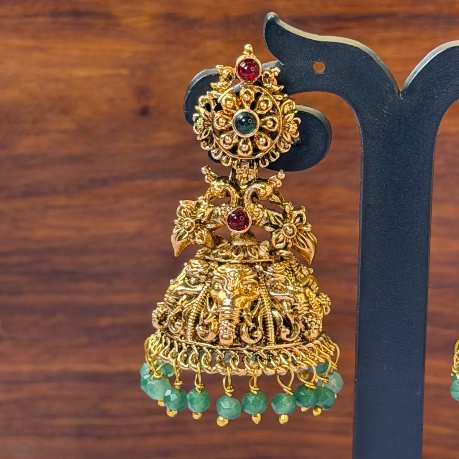 Temple Elephant and Peacock Motif Kemp Stone Jhumka Earrings