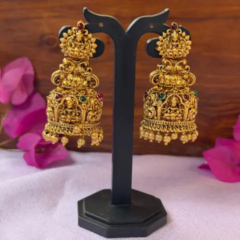 Grand Goddess Lakshmi Temple Motif Gold-Plated Jhumka Earrings