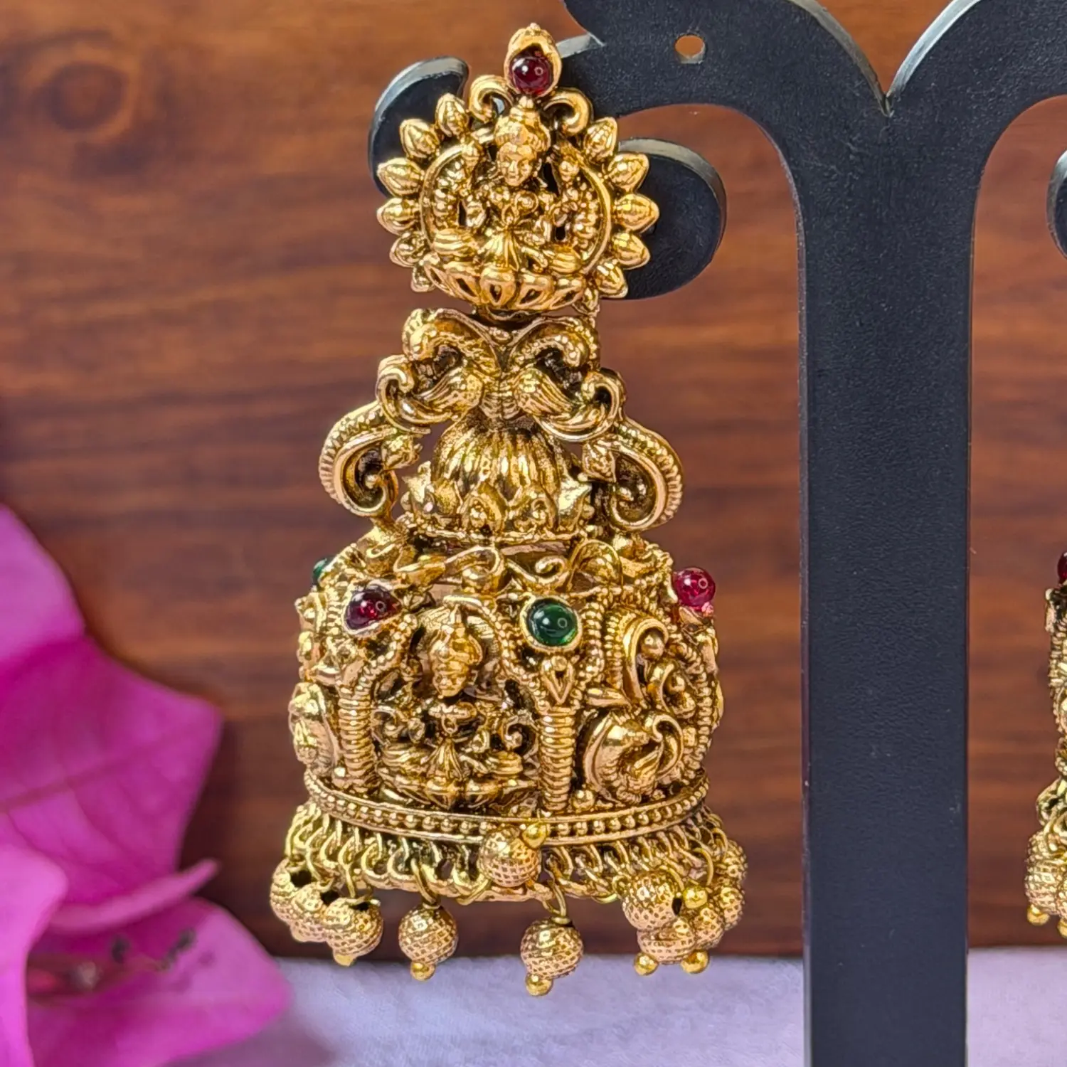 Grand Goddess Lakshmi Temple Motif Gold-Plated Jhumka Earrings