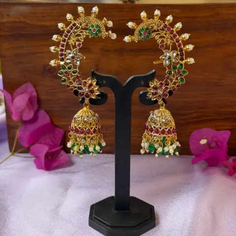 Royal Curled Ear-Cuff and Kemp Stone Jhumka Earrings