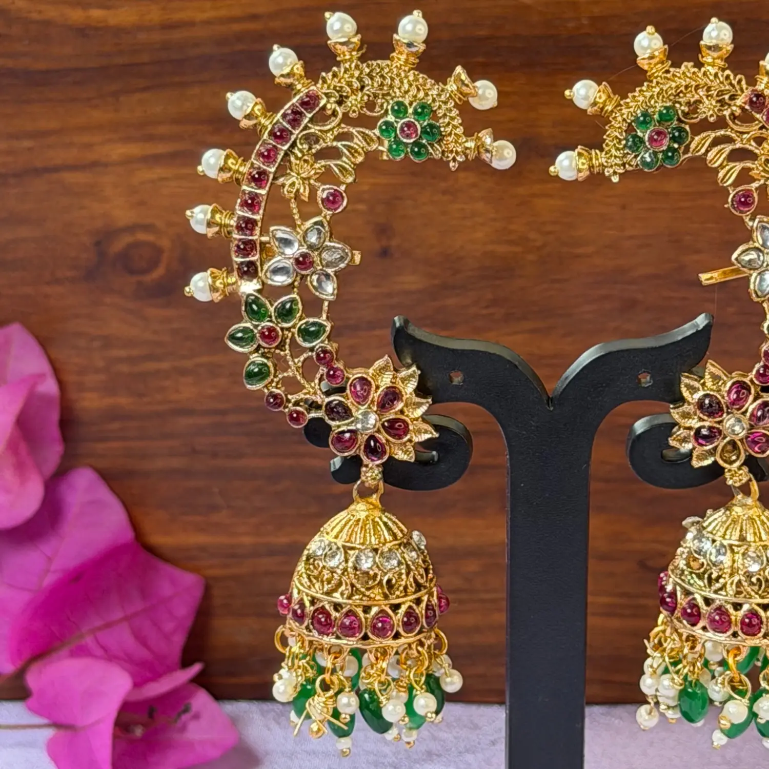 Royal Curled Ear-Cuff and Kemp Stone Jhumka Earrings