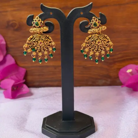 Traditional Floral and Peacock Kemp Stone Chandbali Earrings