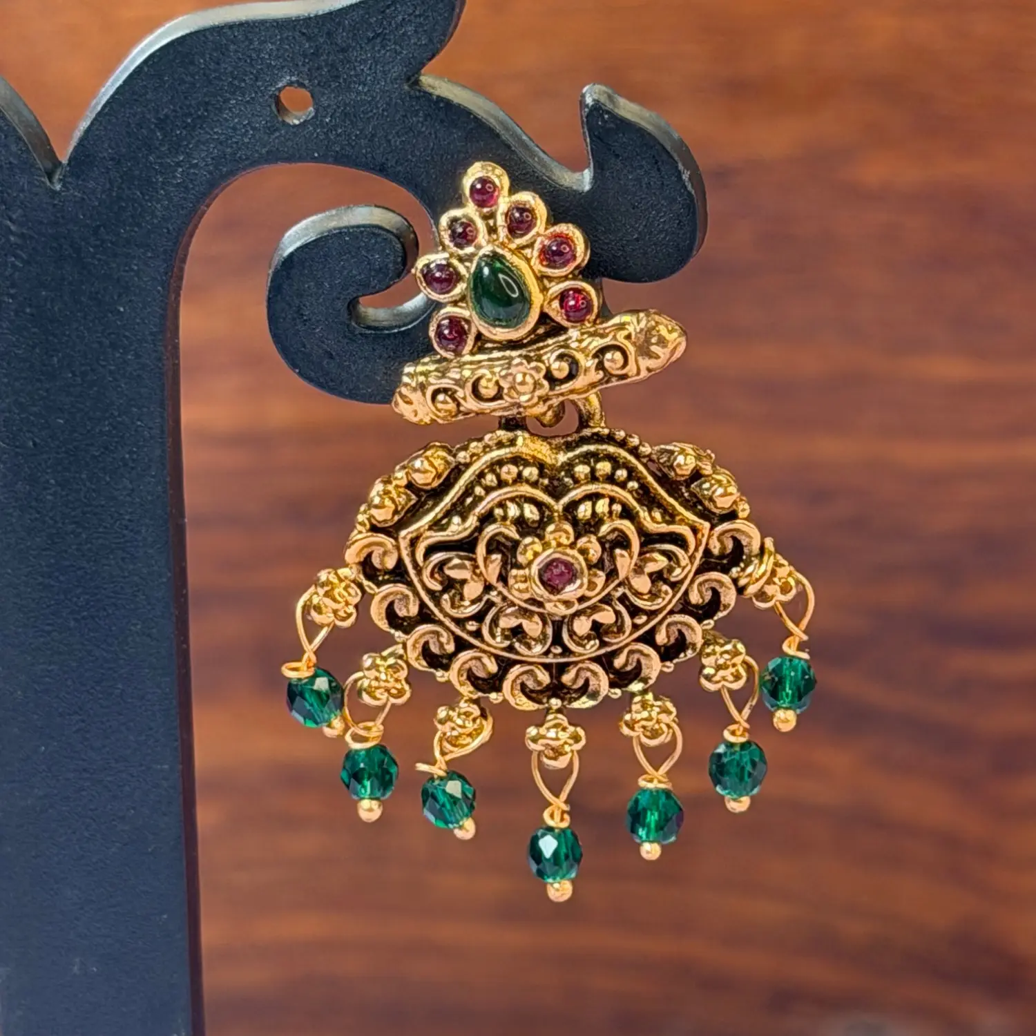 Traditional Floral and Peacock Kemp Stone Chandbali Earrings