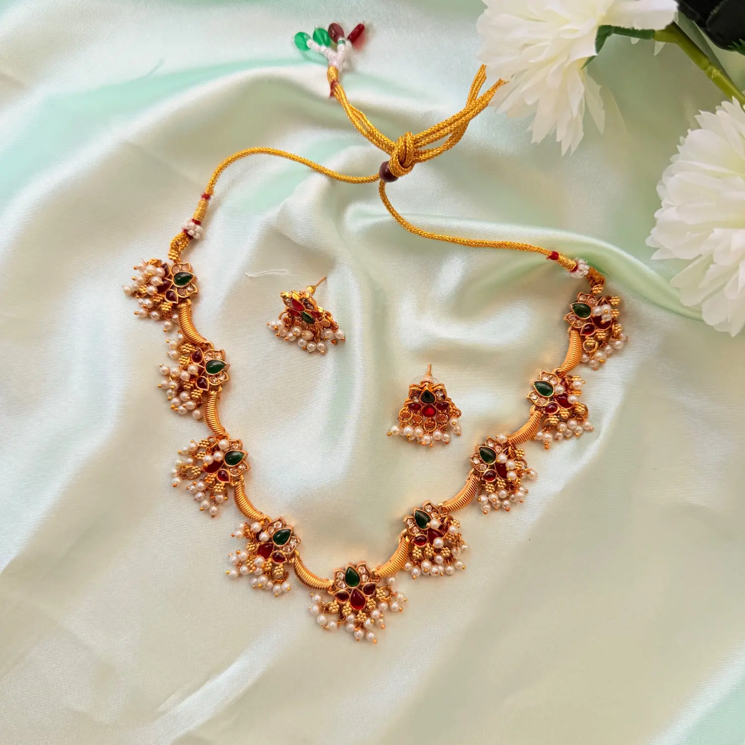 Tarangani Ruby and Emerald Antique Gold Floral Short Necklace Set