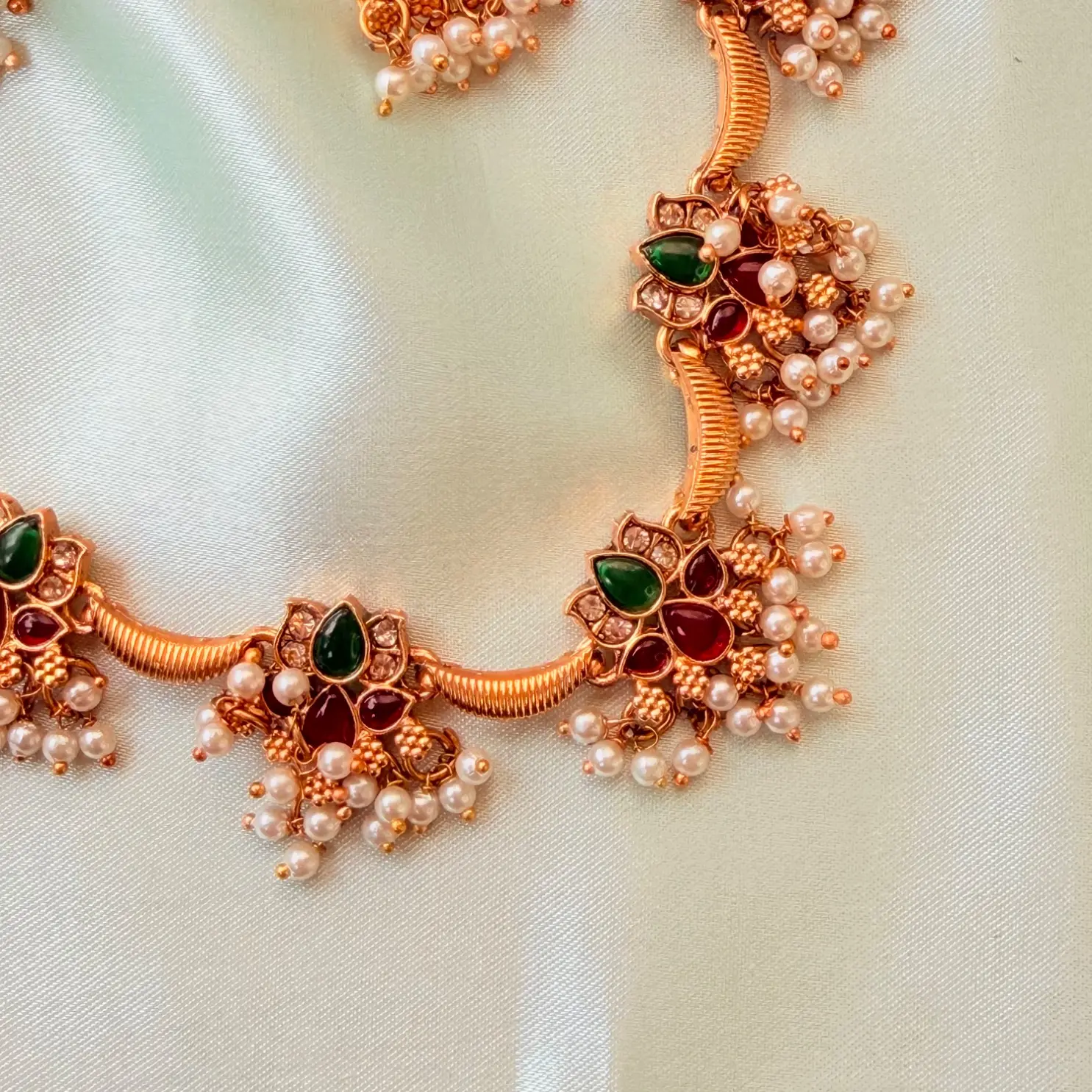 Tarangani Ruby and Emerald Antique Gold Floral Short Necklace Set