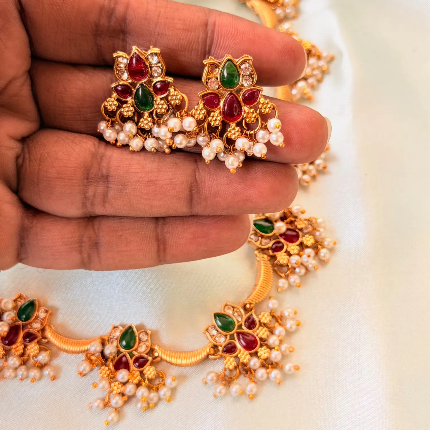 Tarangani Ruby and Emerald Antique Gold Floral Short Necklace Set