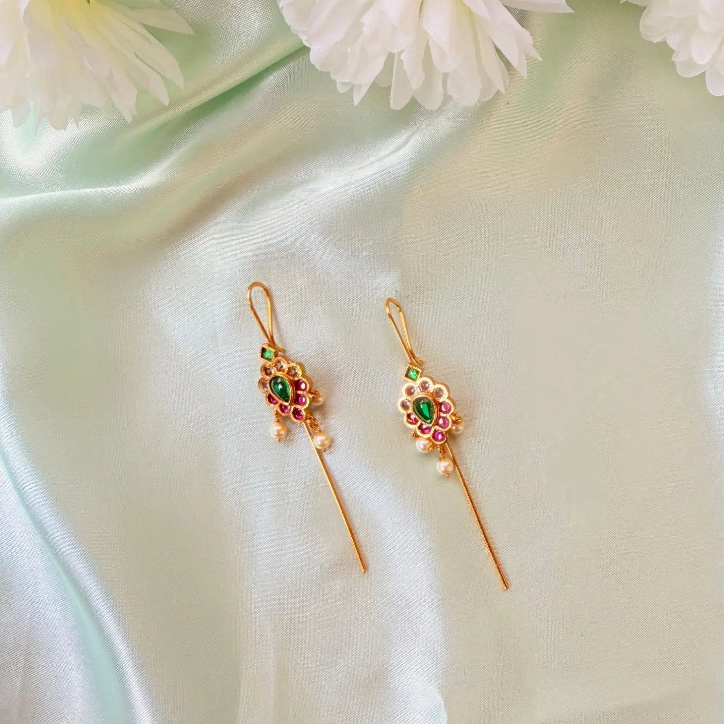 Ruby and Emerald Floral Hair Baudi and Ear Pin Set