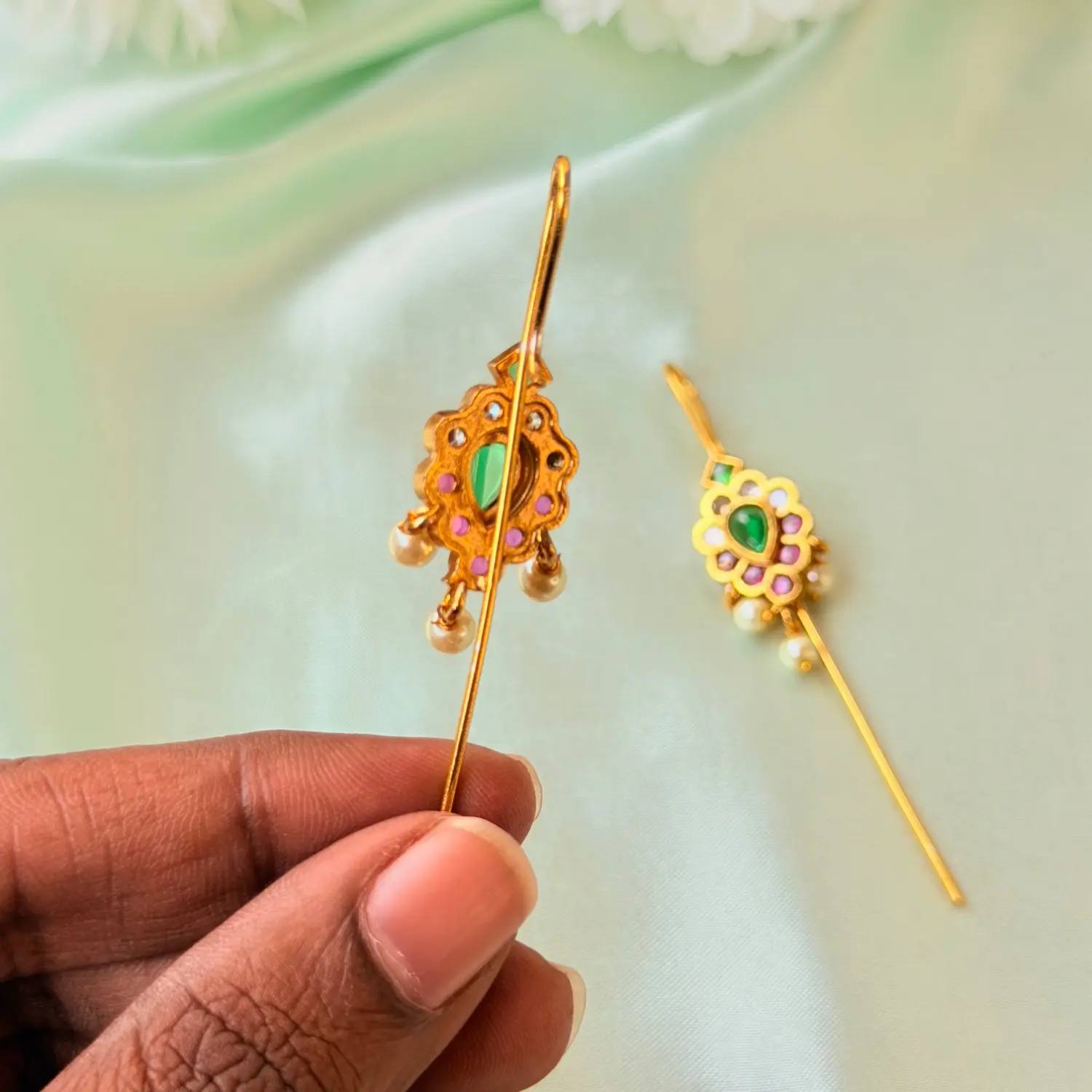 Ruby and Emerald Floral Hair Baudi and Ear Pin Set