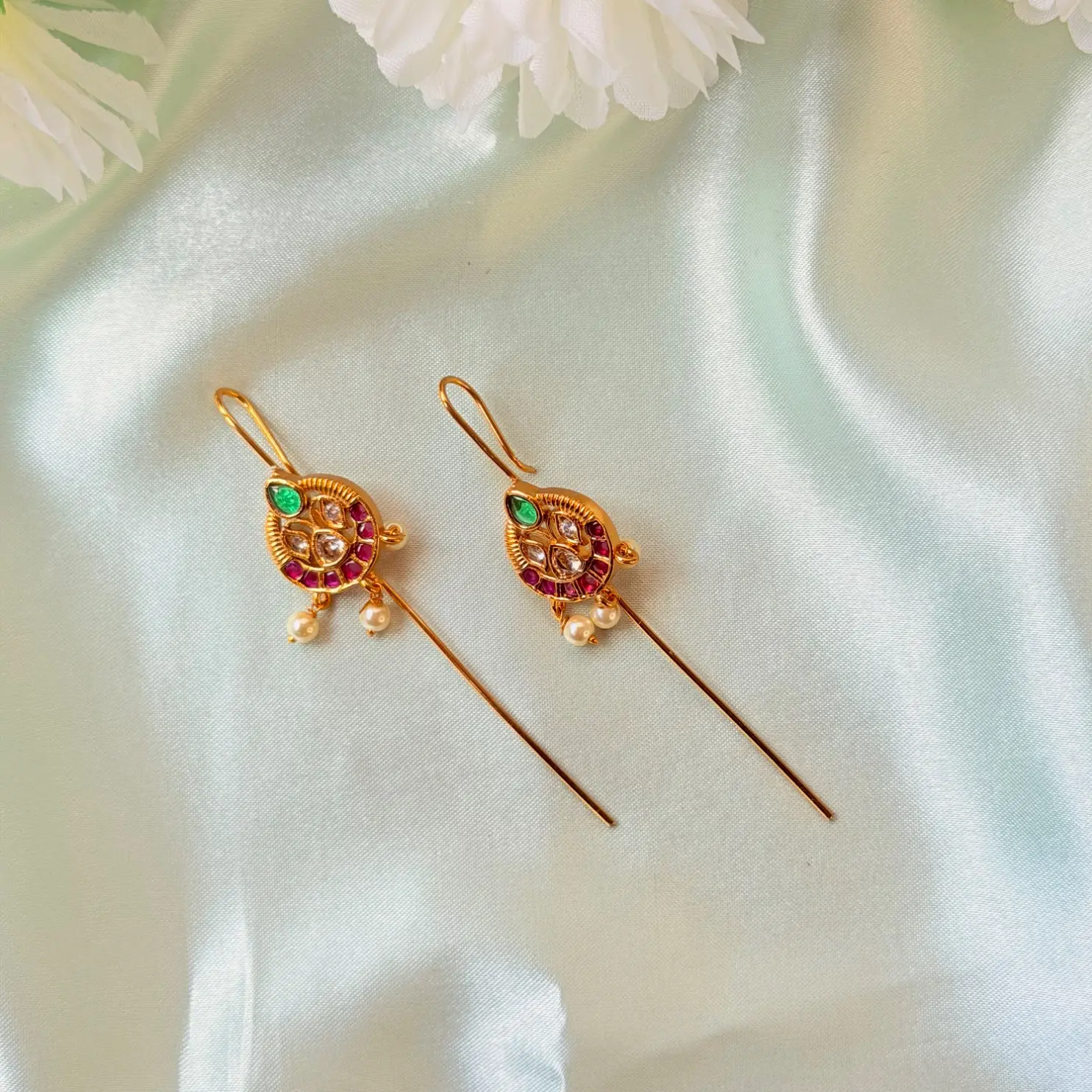 Ruby and Emerald Teardrop Hair Baudi and Ear Pin Set