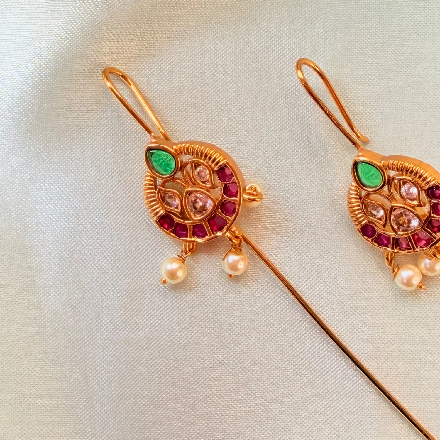 Ruby and Emerald Teardrop Hair Baudi and Ear Pin Set