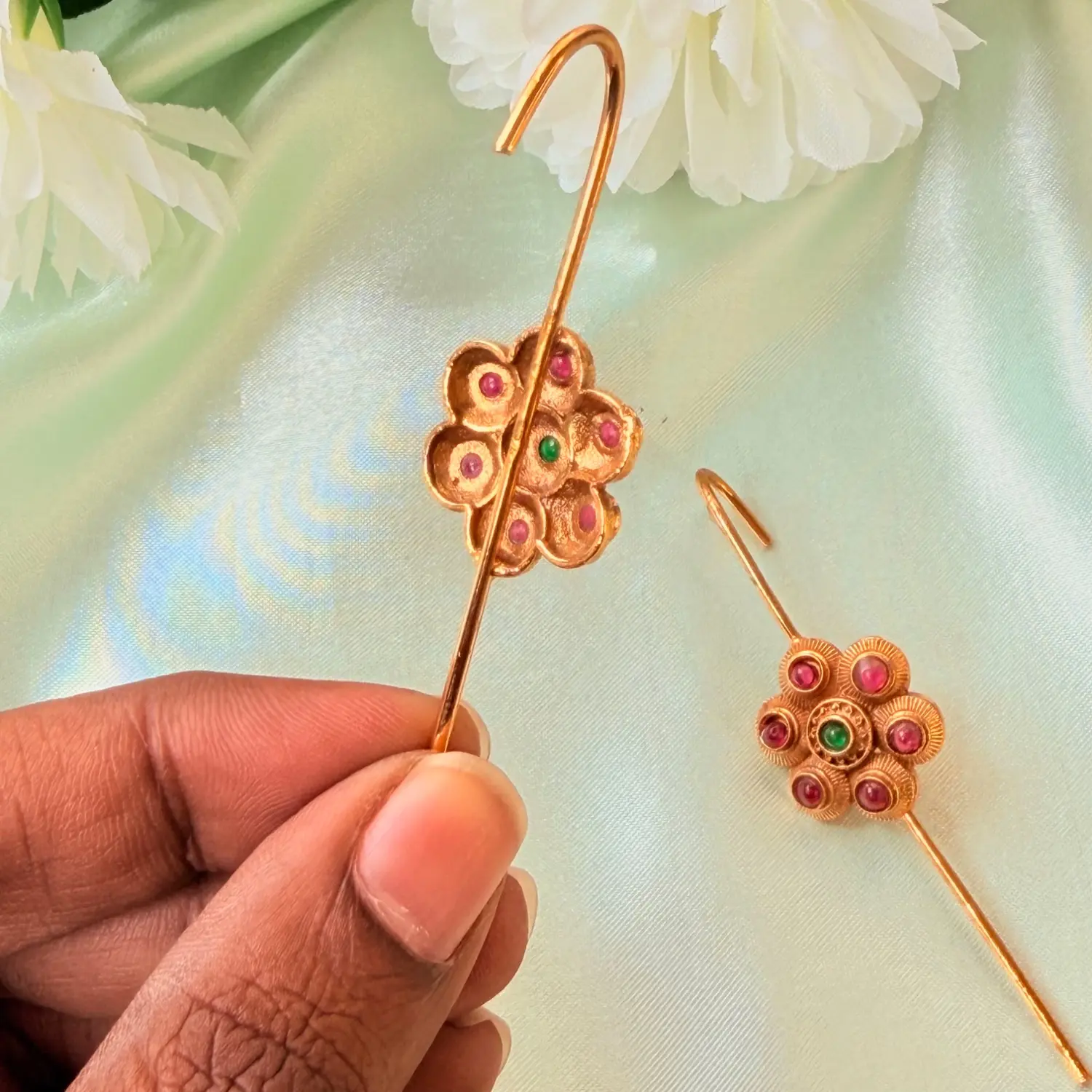 Ruby and Emerald Floral Cluster Hair Baudi and Ear Pin Set