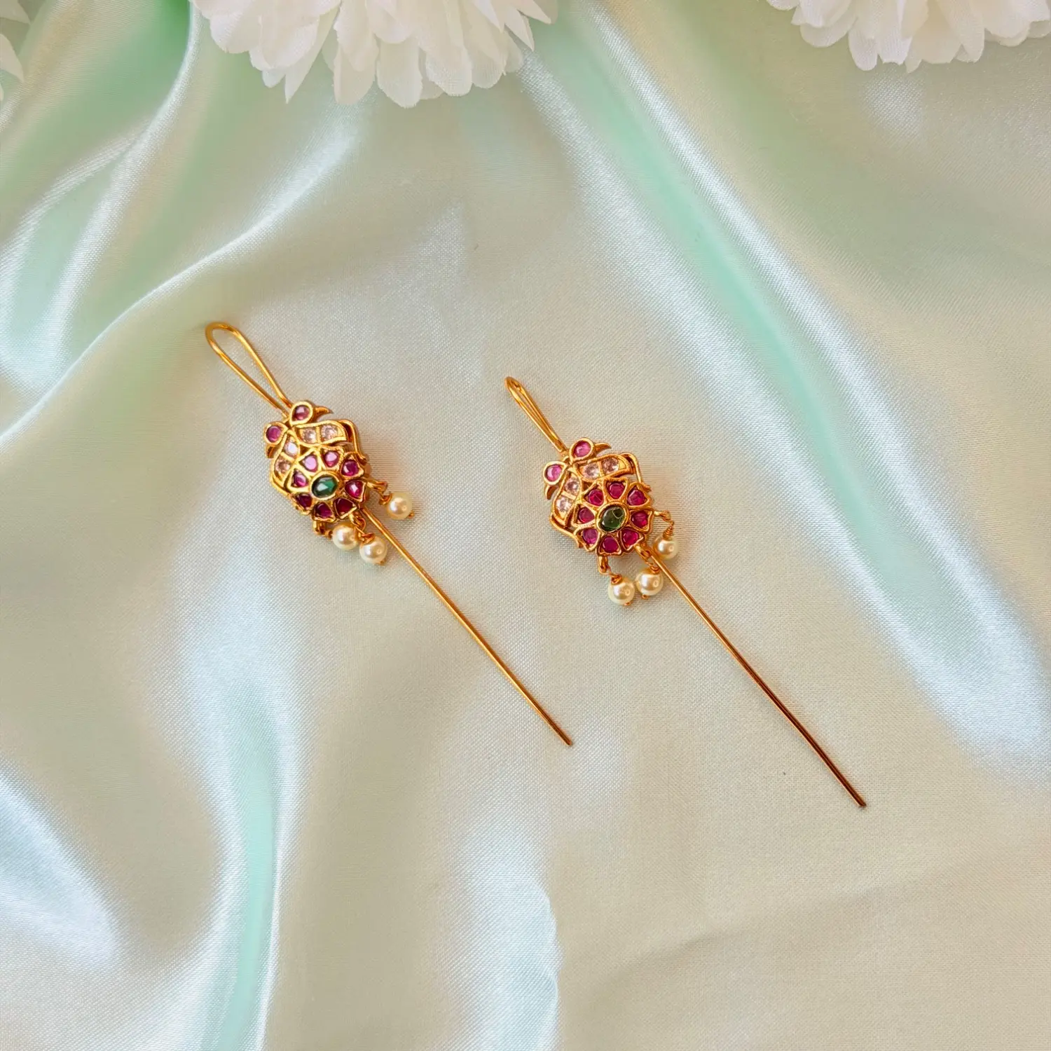 Ruby and Emerald Ornate Hair Baudi and Ear Pin Set
