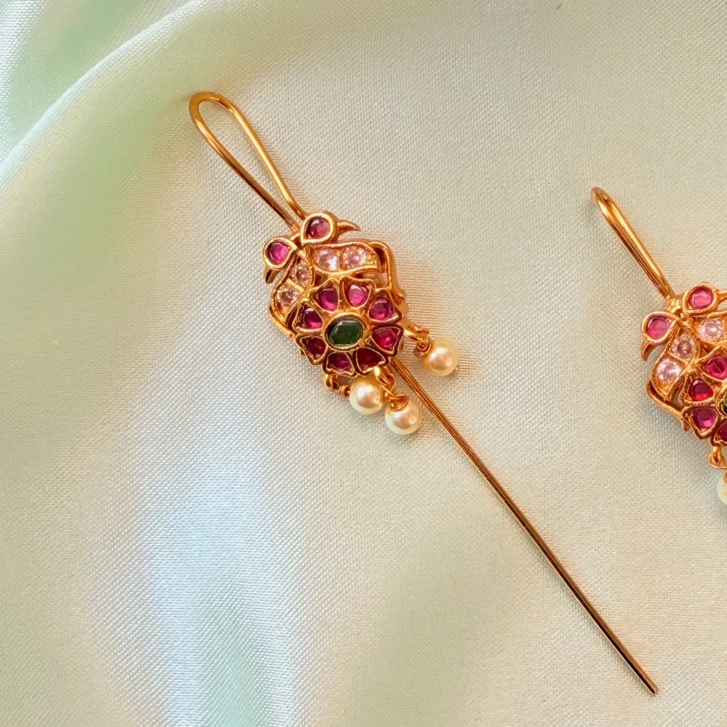 Ruby and Emerald Ornate Hair Baudi and Ear Pin Set