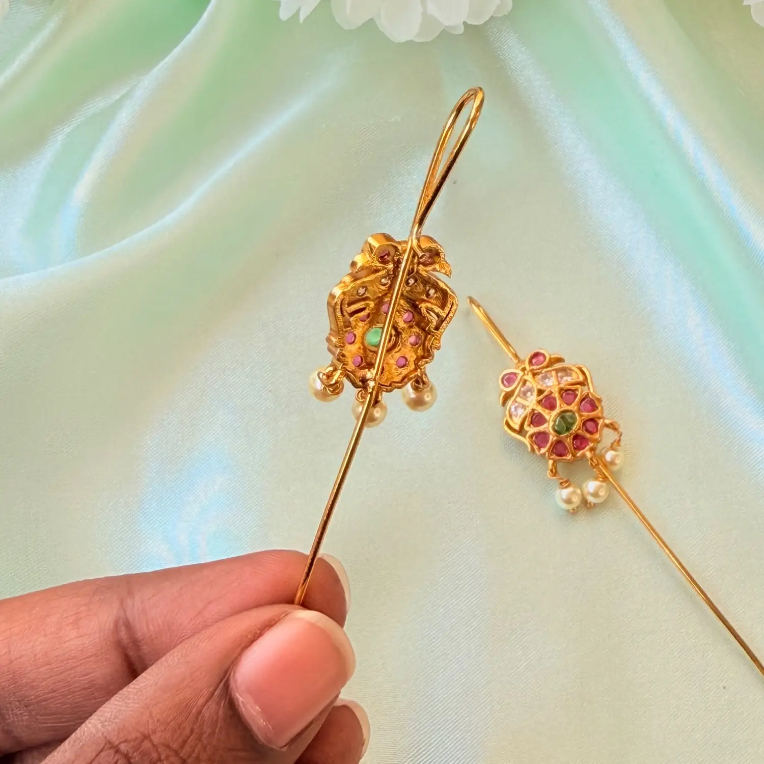 Ruby and Emerald Ornate Hair Baudi and Ear Pin Set
