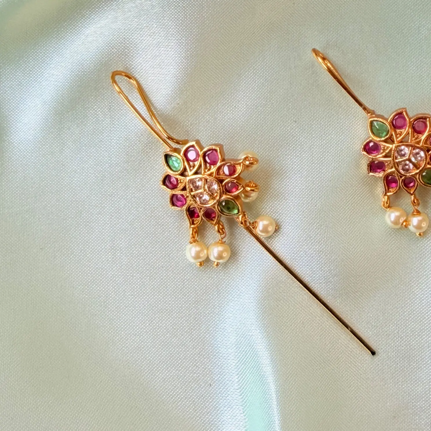 Ruby, Emerald and White Stone Hair Baudi and Ear Pin Set