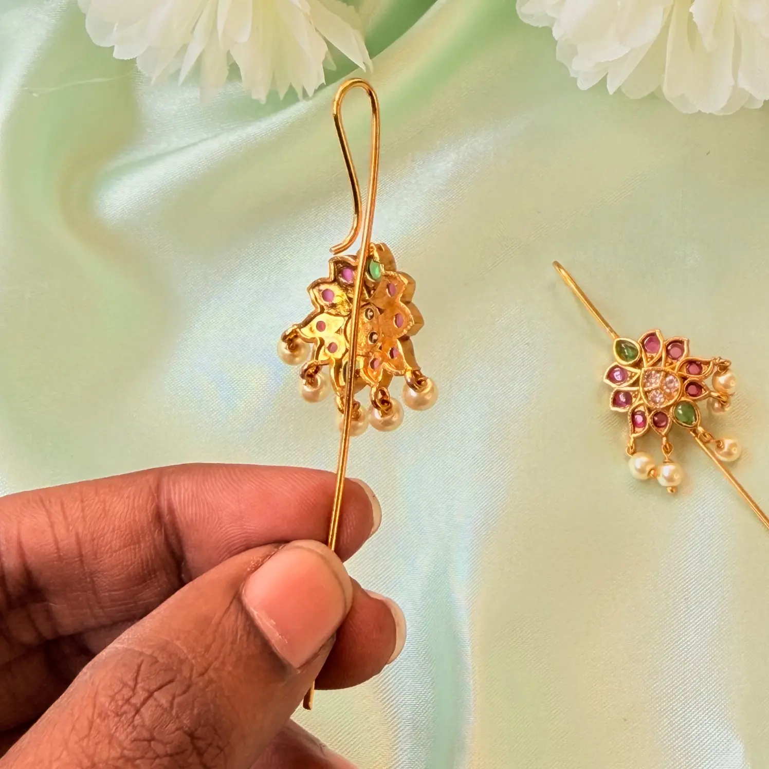 Ruby, Emerald and White Stone Hair Baudi and Ear Pin Set