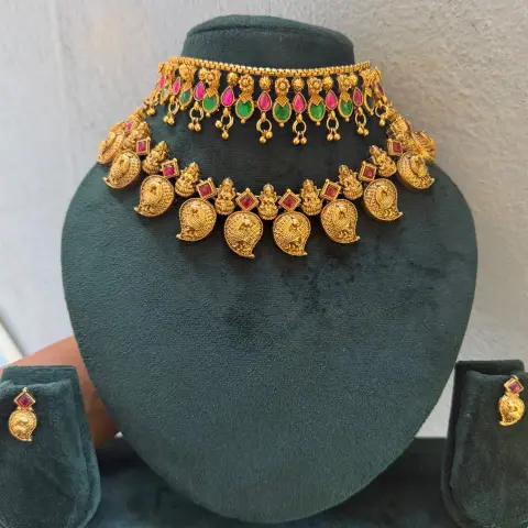 Keerthy Suresh Inspired Heritage Antique Temple Dual-Necklace Combo Set (Choker, Short Necklace & Dual Stud Earrings) SJSN043