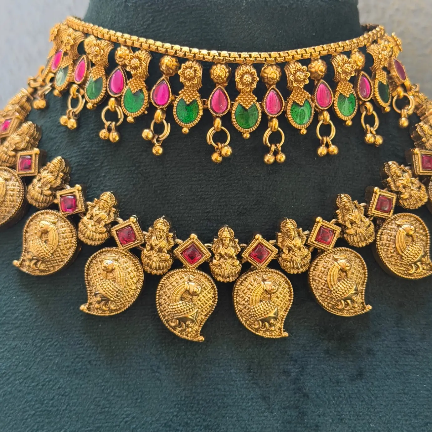 Keerthy Suresh Inspired Heritage Antique Temple Dual-Necklace Combo Set (Choker, Short Necklace & Dual Stud Earrings) SJSN043