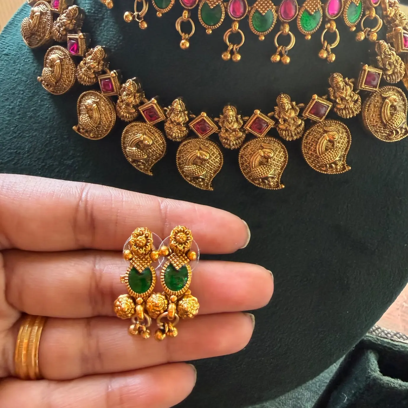 Keerthy Suresh Inspired Heritage Antique Temple Dual-Necklace Combo Set (Choker, Short Necklace & Dual Stud Earrings) SJSN043