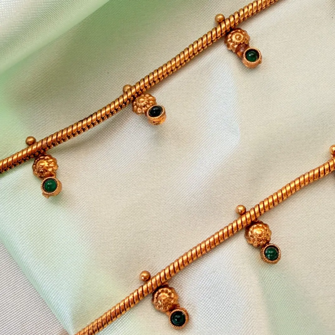 Emerald Stone Beaded Antique Gold Anklets