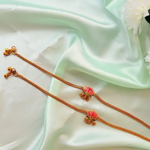 Enamelled Lotus Motif Antique Gold Anklets