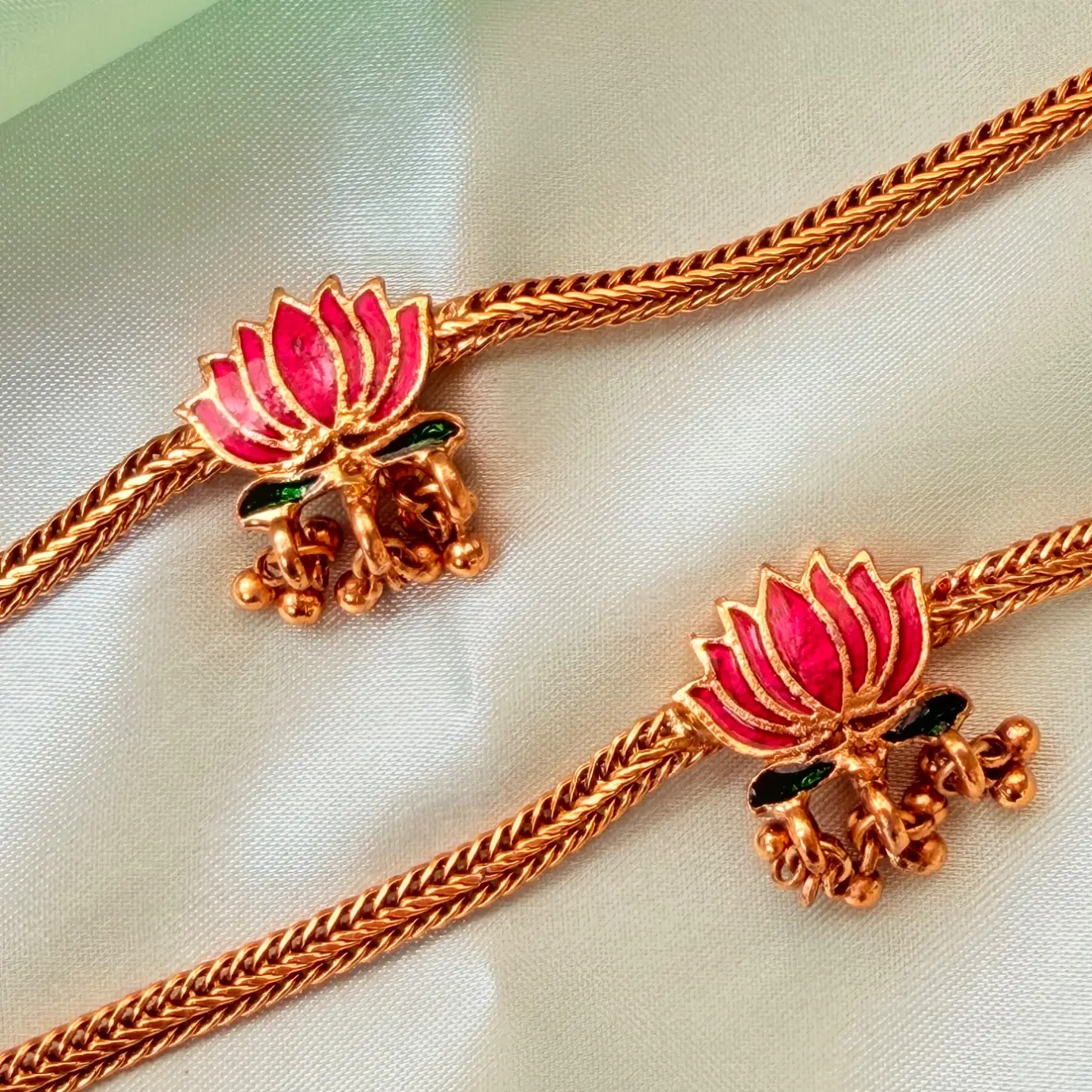 Enamelled Lotus Motif Antique Gold Anklets