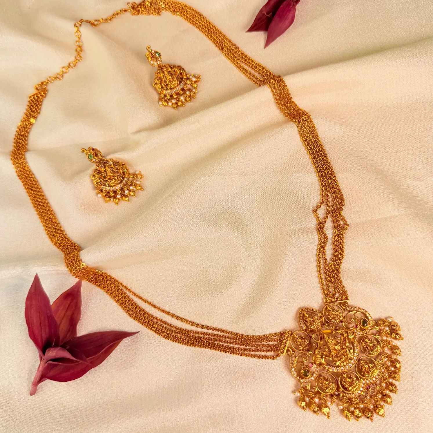 Antique Chandra Haram / Multi-Layered Ball Chain Long Necklace Set with Goddess Lakshmi Temple Pendant & Earrings