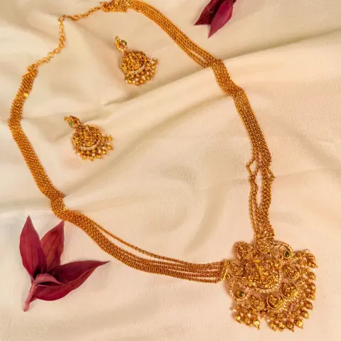 Antique Chandra Haram / Multi-Layered Ball Chain Long Necklace Set with Goddess Lakshmi Temple Pendant & Earrings