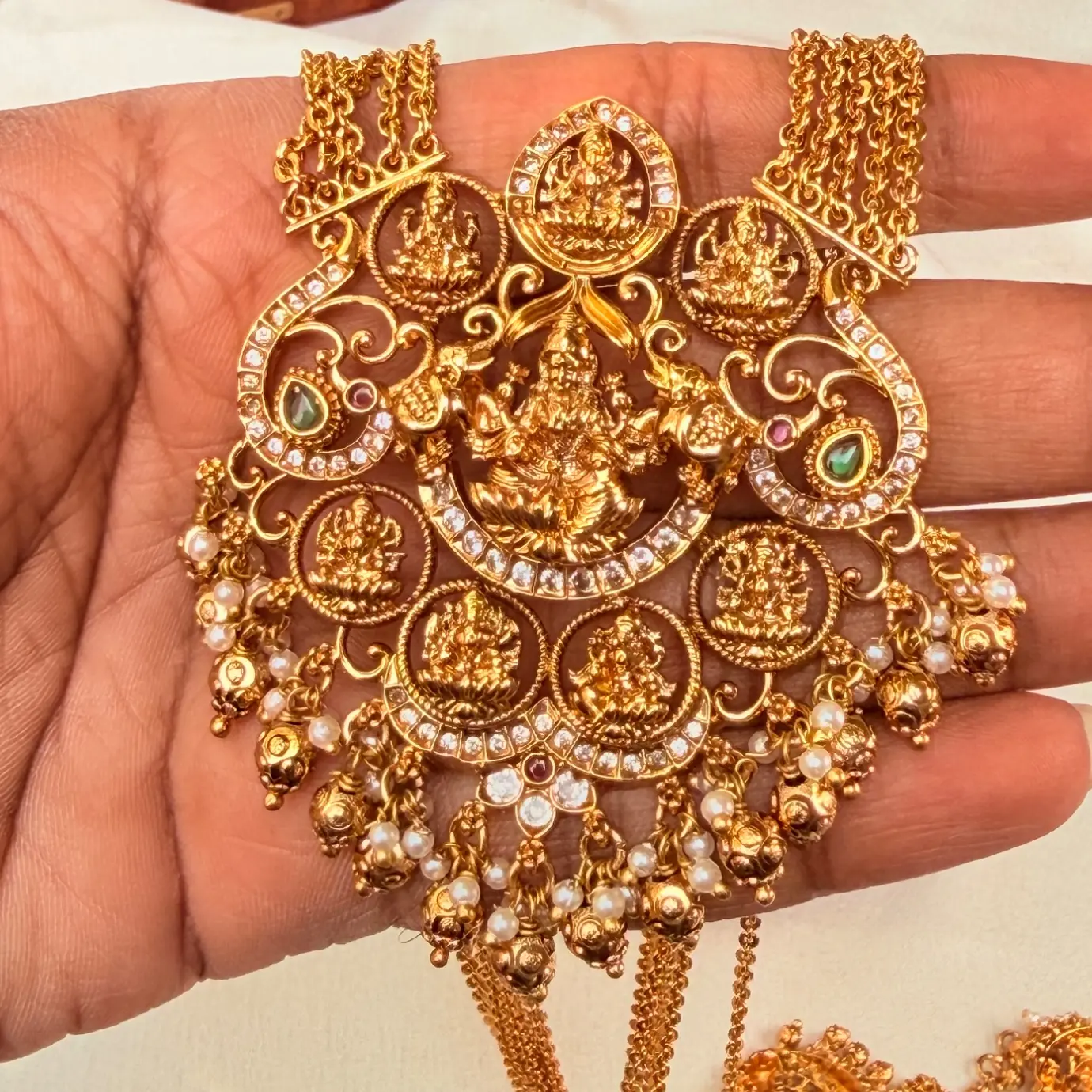 Antique Chandra Haram / Multi-Layered Ball Chain Long Necklace Set with Goddess Lakshmi Temple Pendant & Earrings