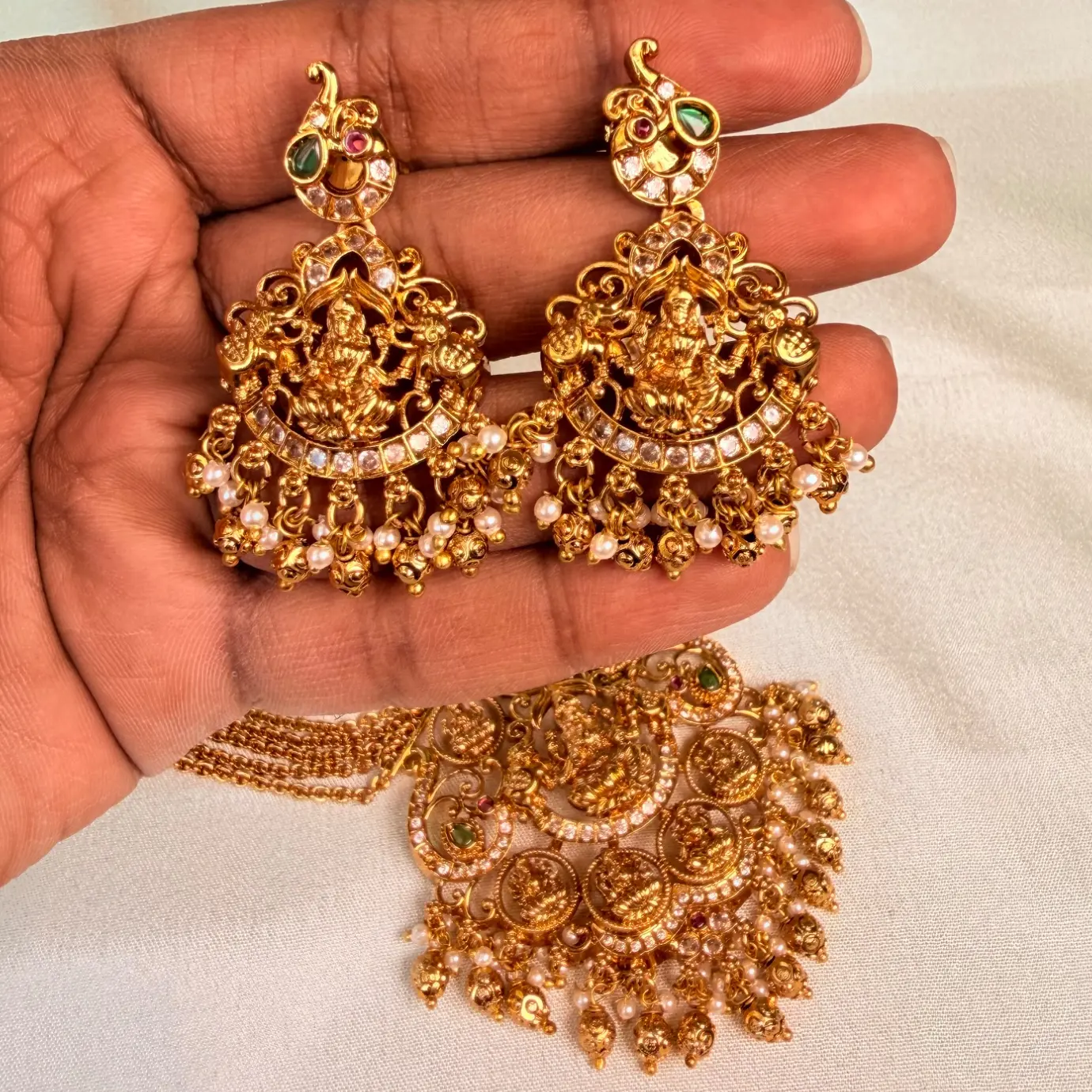 Antique Chandra Haram / Multi-Layered Ball Chain Long Necklace Set with Goddess Lakshmi Temple Pendant & Earrings