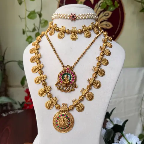 Kasu & Pearl Temple Complete 4-in-1 Bridal Neckwear Combo Set (Moti Choker, Short Kasu Necklace, Lakshmi Pendant Chain & Grand Long Kasu Haram) SJC002