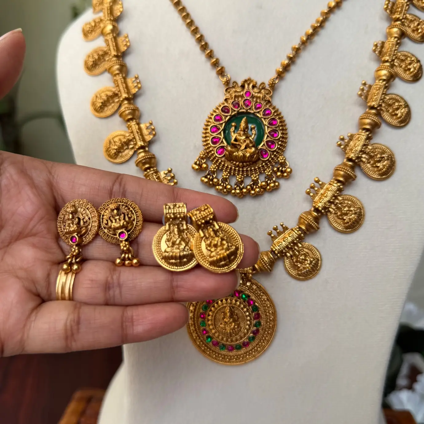 Kasu & Pearl Temple Complete 4-in-1 Bridal Neckwear Combo Set (Moti Choker, Short Kasu Necklace, Lakshmi Pendant Chain & Grand Long Kasu Haram) SJC002