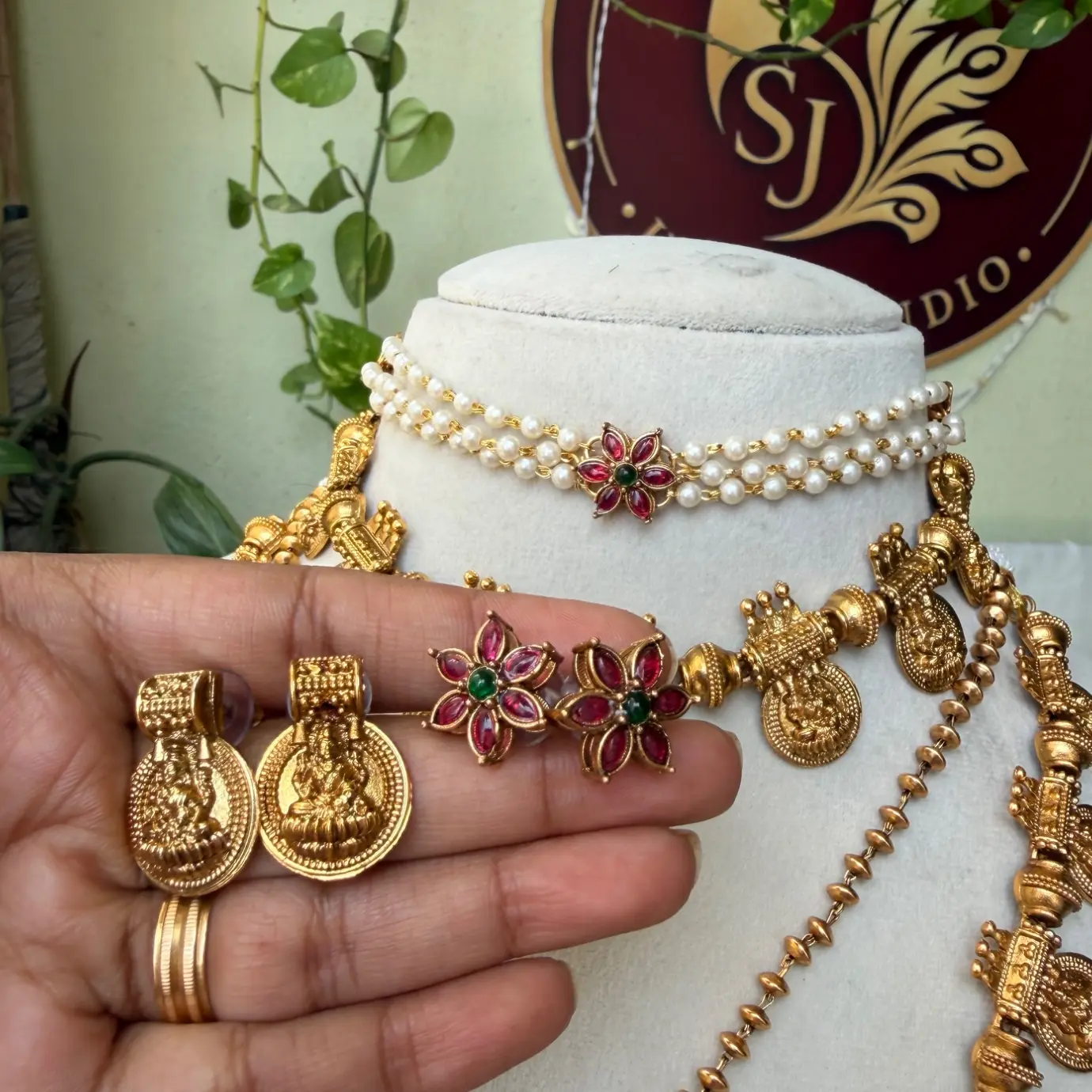 Kasu & Pearl Temple Complete 4-in-1 Bridal Neckwear Combo Set (Moti Choker, Short Kasu Necklace, Lakshmi Pendant Chain & Grand Long Kasu Haram) SJC002